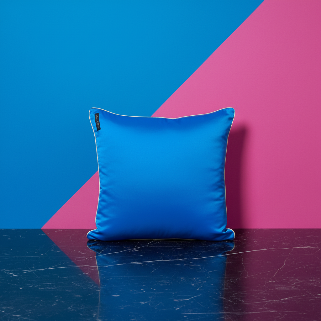 Housse de coussin Aléon – dos en polyester 100% uni bleu, biais en or, 50x50 cm – Amour de Pin-up Paris
