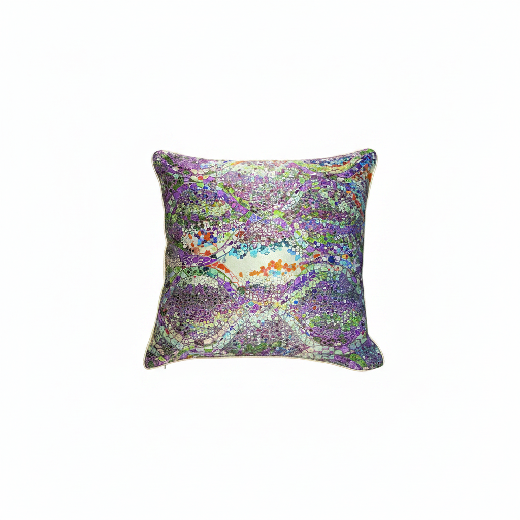 Housse de coussin en soie Régence violet – imprimé mosaïque exclusif, fond blanc – Amour de Pin-up Paris