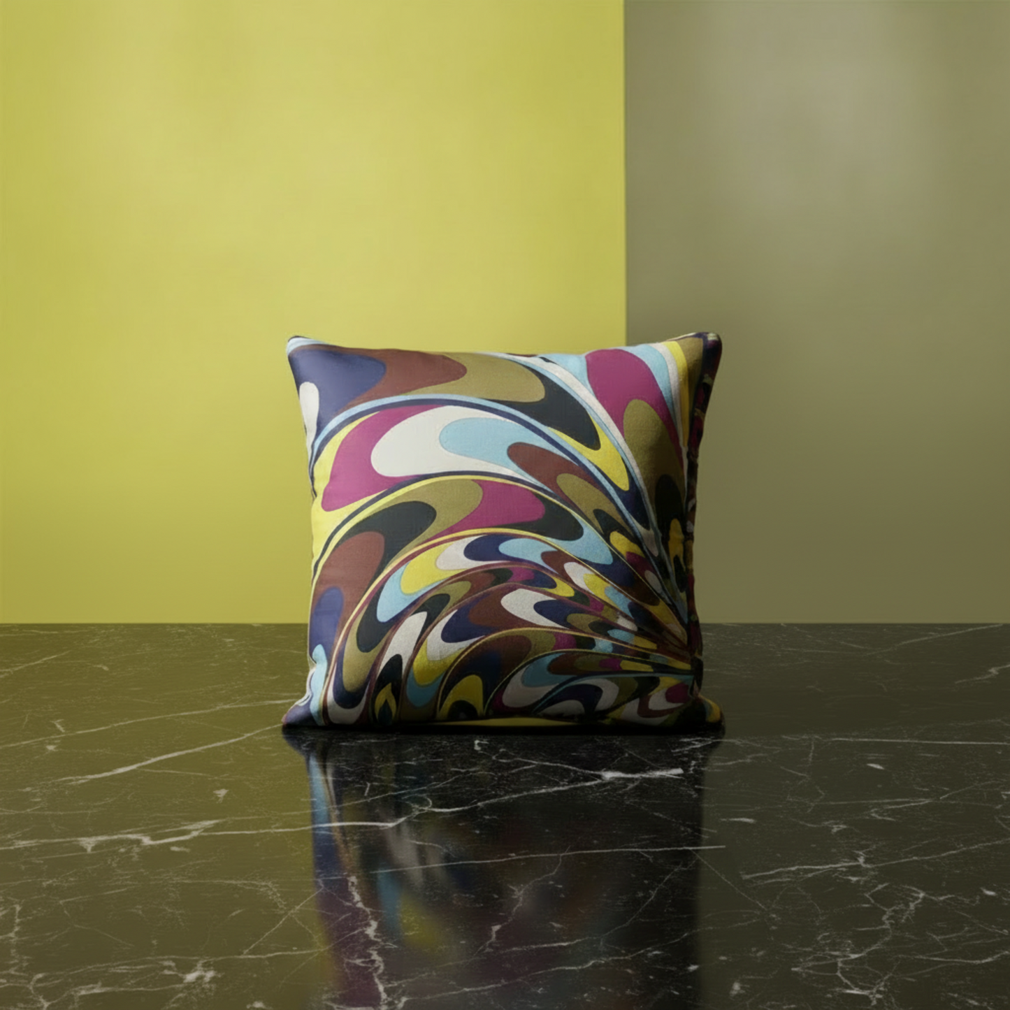 Housse de coussin en soie Aurélis vert – motif marbré psychédélique multicolore, biais en or – Amour de Pin-up Paris