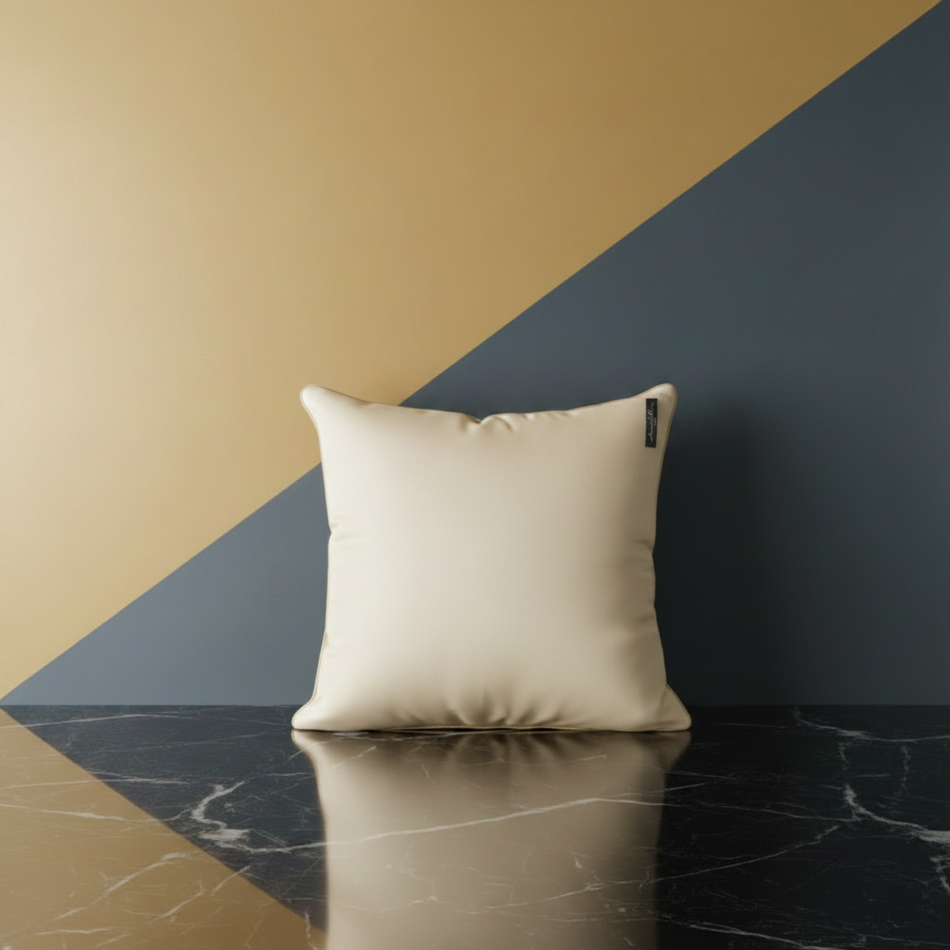 Housse de coussin Novara – dos en polyester 100% uni ivoire/champagne, passepoil en or, étiquette Amour de Pin-up Paris, 50x50 cm – Amour de Pin-up Paris