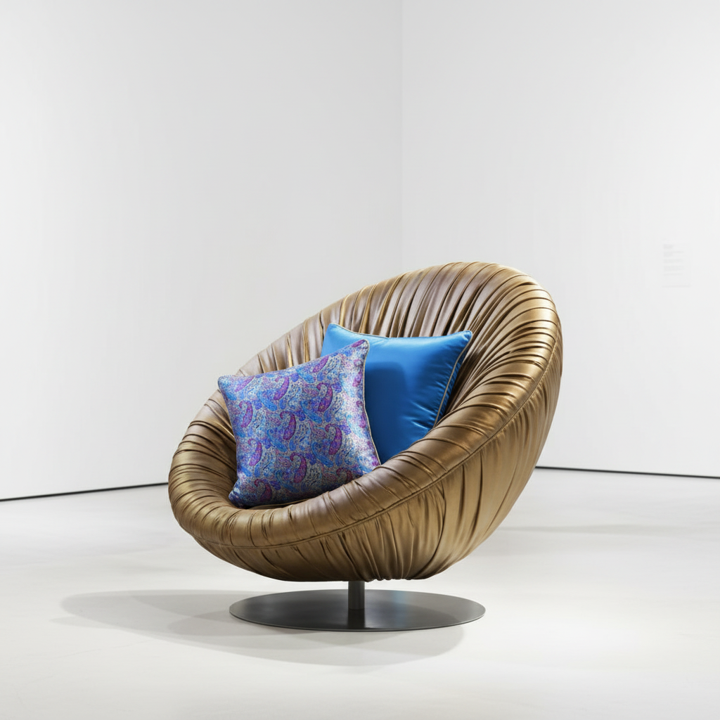 Housse de coussin Fontainebleau – mise en scène fauteuil doré, imprimé paisley bleu et violet sur soie, verso uni bleu électrique – Amour de Pin-up Paris
