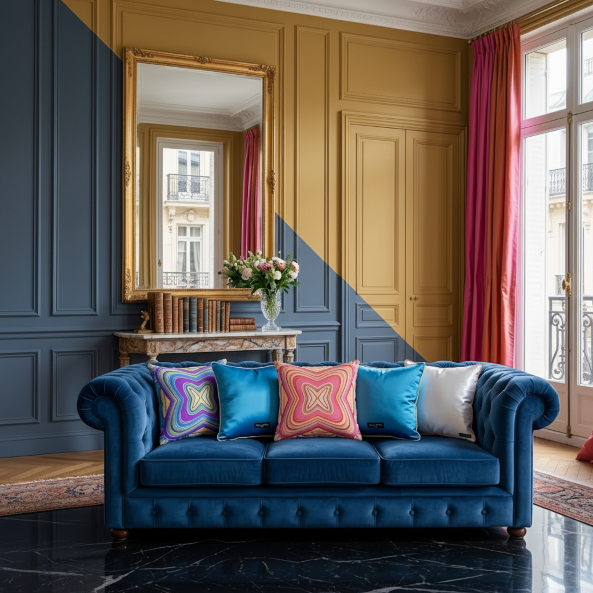 Housse de coussin Trianon – mise en scène salon parisien, canapé bleu marine, imprimé psychédélique géométrique, soie 100%, biais en or – Amour de Pin-up Paris
