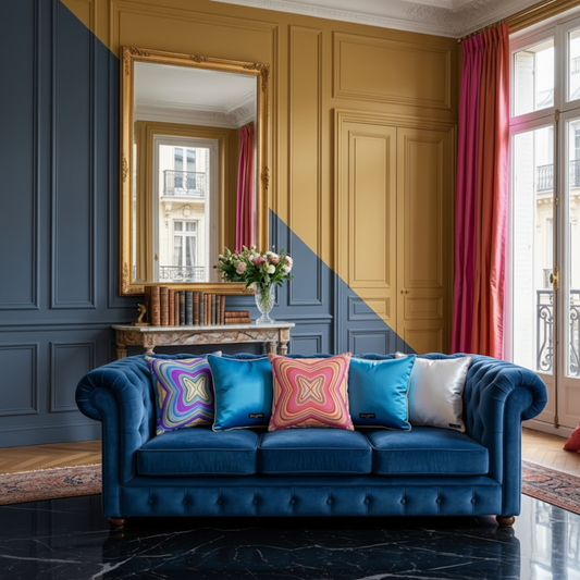 Housse de coussin Trianon – mise en scène salon parisien, canapé bleu marine, imprimé psychédélique géométrique, soie 100%, biais en or – Amour de Pin-up Paris
