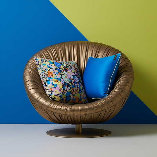 Housse de coussin Orlyn – mise en scène fauteuil doré, imprimé floral abstrait multicolore sur soie noire – Amour de Pin-up Paris
