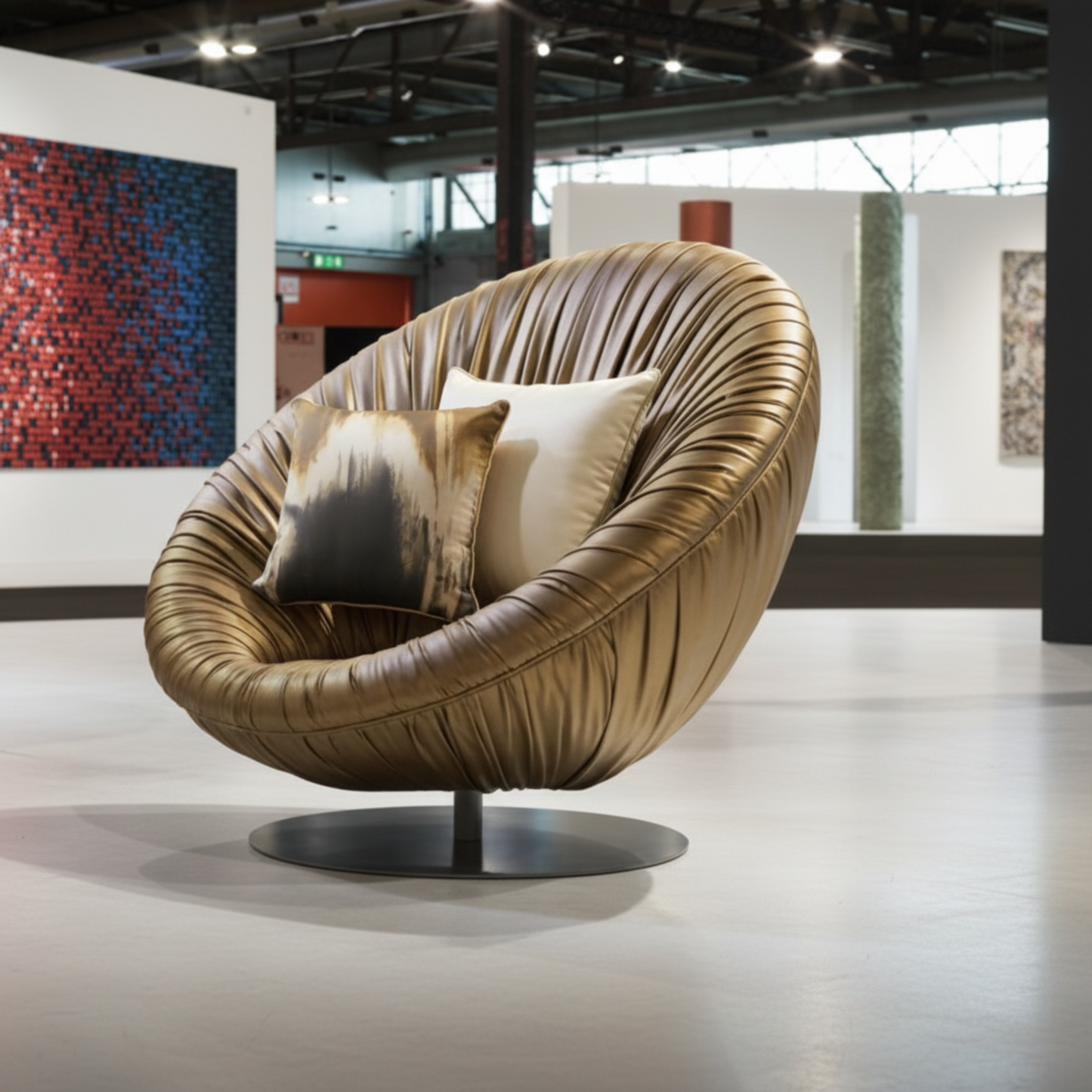 Housse de coussin Novara – mise en scène fauteuil doré sculptural, imprimé tie-dye exclusif soie 100%, passepoil en or – Amour de Pin-up Paris