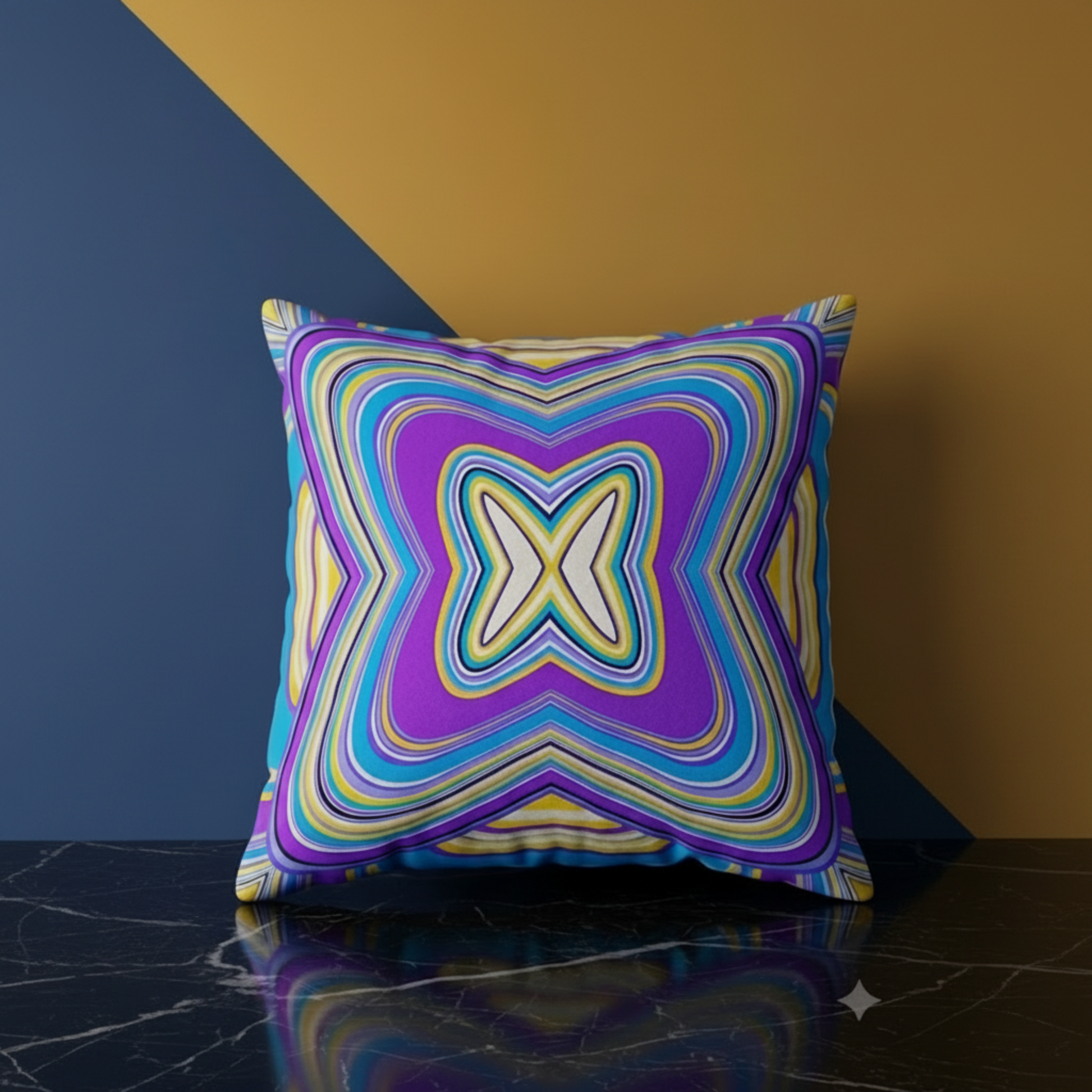 Housse de coussin Trianon – face soie 100% imprimé psychédélique géométrique violet, bleu et jaune, biais en or, 50x50 cm – Amour de Pin-up Paris
