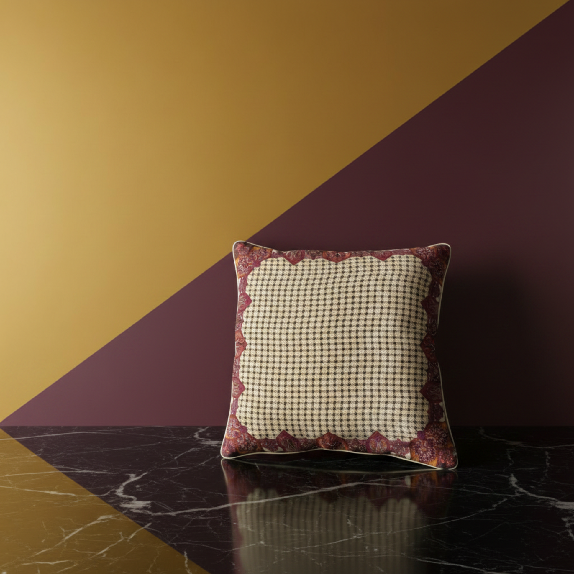 Housse de coussin Valois bordeaux – face soie 100% imprimé pied-de-poule beige, bordures paisley bordeaux, biais en or, 50x50 cm – Amour de Pin-up Paris
