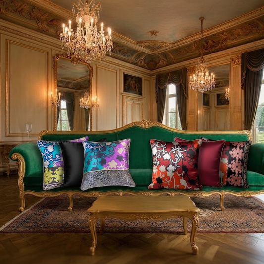 "Housses de coussin en soie Versailles – collection Amour de Pin-up Paris, motifs floraux violet, vert, rouge et orange sur canapé baroque doré"