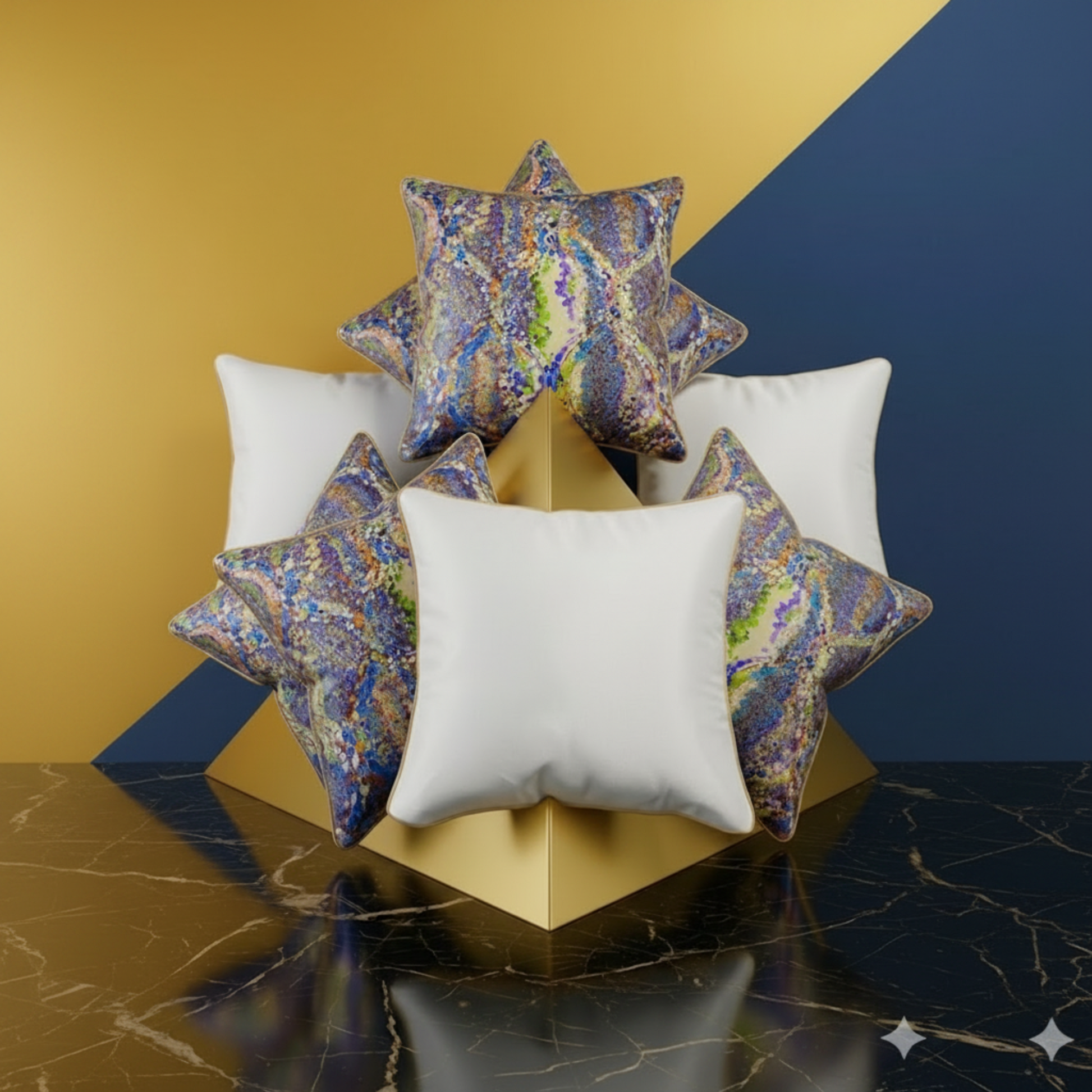 Housses de coussin en soie Régence – deux coussins superposés, motif mosaïque multicolore bleu et violet – Amour de Pin-up Paris