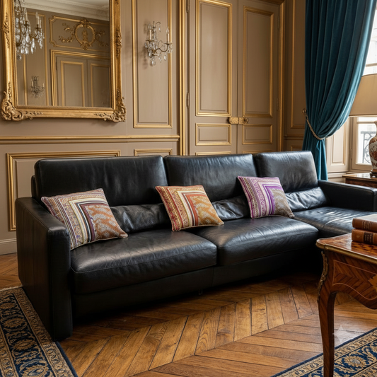Housses de coussin en soie Royal Panthère – collection Amour de Pin-up Paris, motif panthère sur canapé